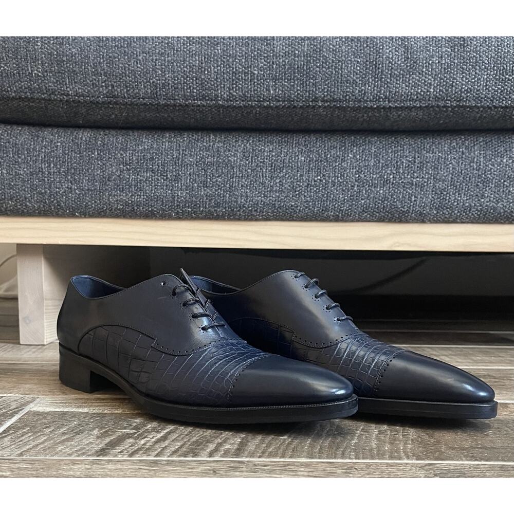 $4895 NEW Stefano Ricci Navy Crocodile + Leather Oxfords Dress Shoes Size 10.5 D